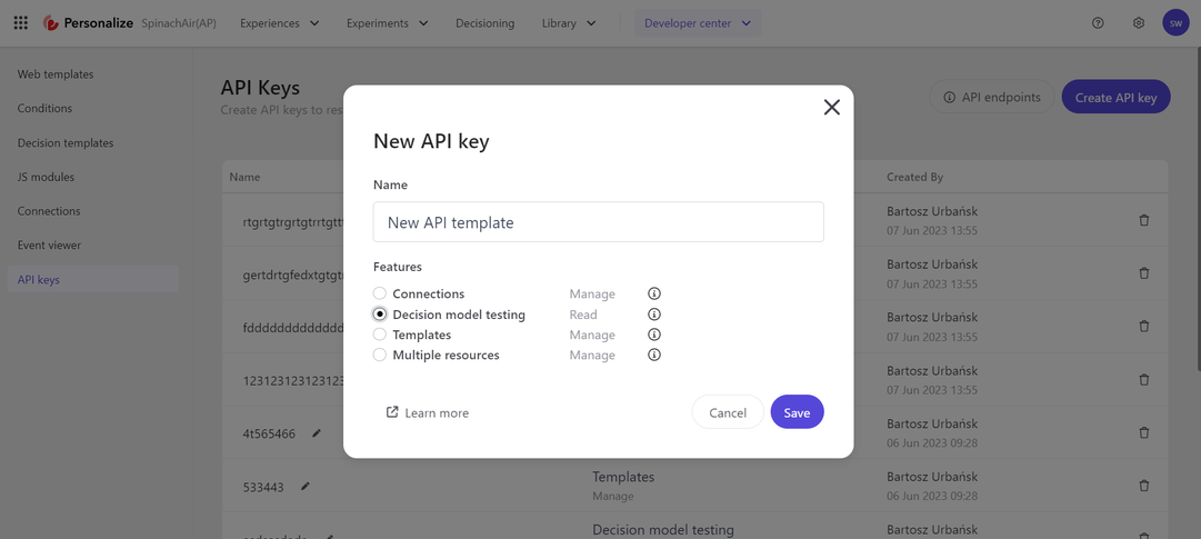 Developers can now create API keys to access Personalize REST APIs